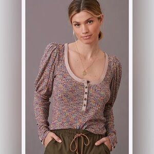 ANTHROPOLOGIE Multicolored Ribbed Stretchy Casual Puff Sleeves Henley Top S NWT